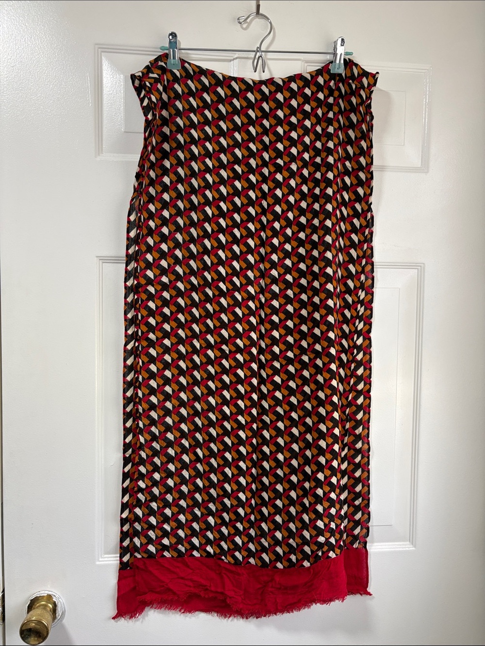 Geometric Print Scarf with Red Fringe